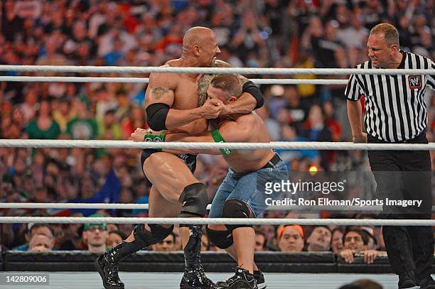 John Cena versus The Rock at WrestleMania 28 in 2012.