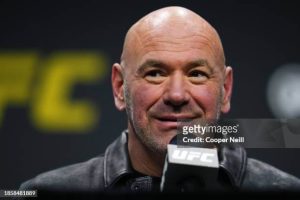 UFC LAS VEGAS, NEVADA - DECEMBER 15: UFC CEO Dana White is seen on stage during the UFC 2024 seasonal press conference at MGM Grand Garden Arena on December 15, 2023 in Las Vegas, Nevada. (Photo by Cooper Neill/Zuffa LLC via Getty Images) Sean Strickland