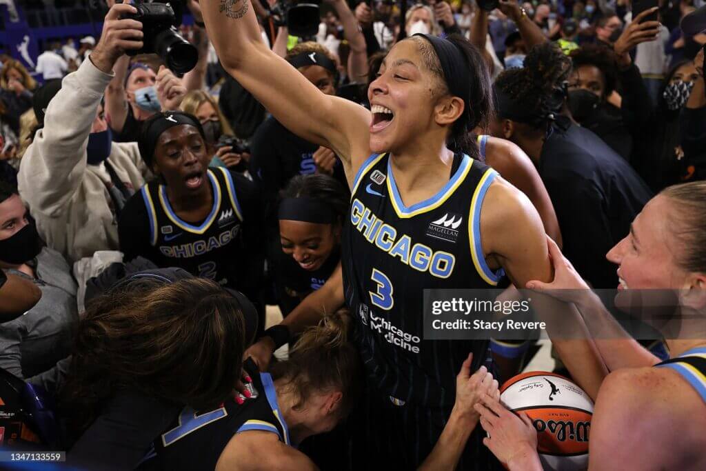 WNBA Finals - Game FourCHICAGO, ILLINOIS - OCTOBER 17: Candace Parker #3 of the Chicago Sky celebrates after defeating the Phoenix Mercury 80-74 in Game Four of the WNBA Finals to win the championship at Wintrust Arena on October 17, 2021 in Chicago, Illinois. NOTE TO USER: User expressly acknowledges and agrees that, by downloading and or using this photograph, User is consenting to the terms and conditions of the Getty Images License Agreement. (Photo by Stacy Revere/Getty Images)