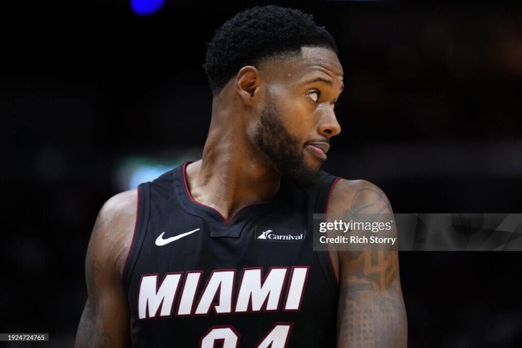 Oklahoma City Thunder v Miami HeatMIAMI, FLORIDA - JANUARY 10: Haywood Highsmith #24 of the Miami Heat looks on against the Oklahoma City Thunder during the second half at Kaseya Center on January 10, 2024 in Miami, Florida. NOTE TO USER: User expressly acknowledges and agrees that, by downloading and or using this photograph, User is consenting to the terms and conditions of the Getty Images License Agreement. (Photo by Rich Storry/Getty Images)