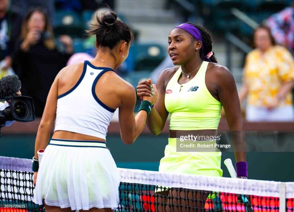 BNP Paribas Open 2024 - Day 12INDIAN WELLS, CALIFORNIA - MARCH 14: Yue Yuan of China and Coco Gauff of the United States shake hands at the net after the women's singles quarter-final match on Day 12 of the BNP Paribas Open at Indian Wells Tennis Garden on March 14, 2024 in Indian Wells, California. (Photo by Robert Prange/Getty Images)