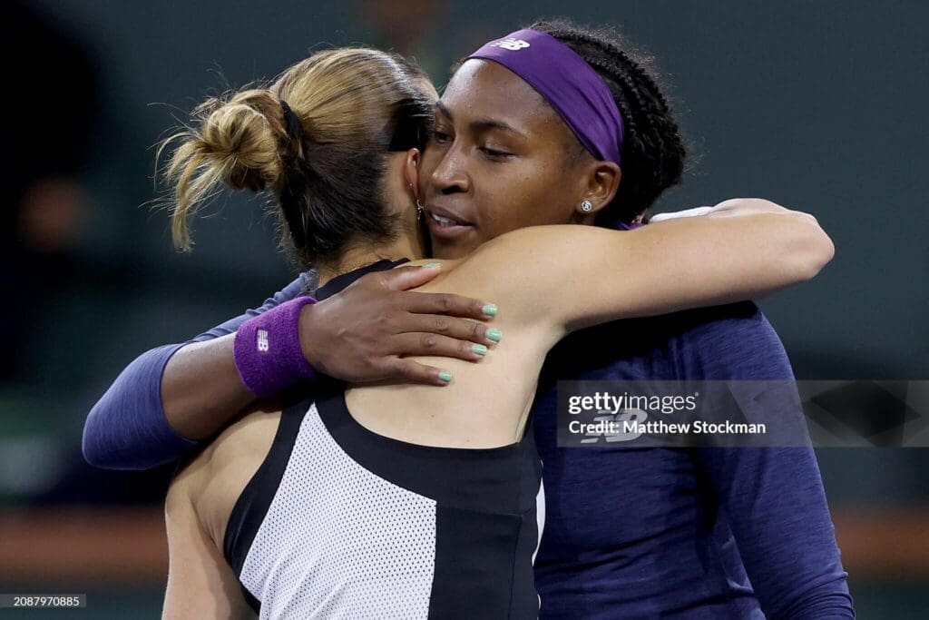 BNP Paribas Open 2024 - Day 13INDIAN WELLS, CALIFORNIA - MARCH 15: Maria Sakkari of Greece is congratulated by Coco Gauff of the United States after their match during the Women's Semifinals of the BNP Paribas Open at Indian Wells Tennis Garden on March 15, 2024 in Indian Wells, California. (Photo by Matthew Stockman/Getty Images)