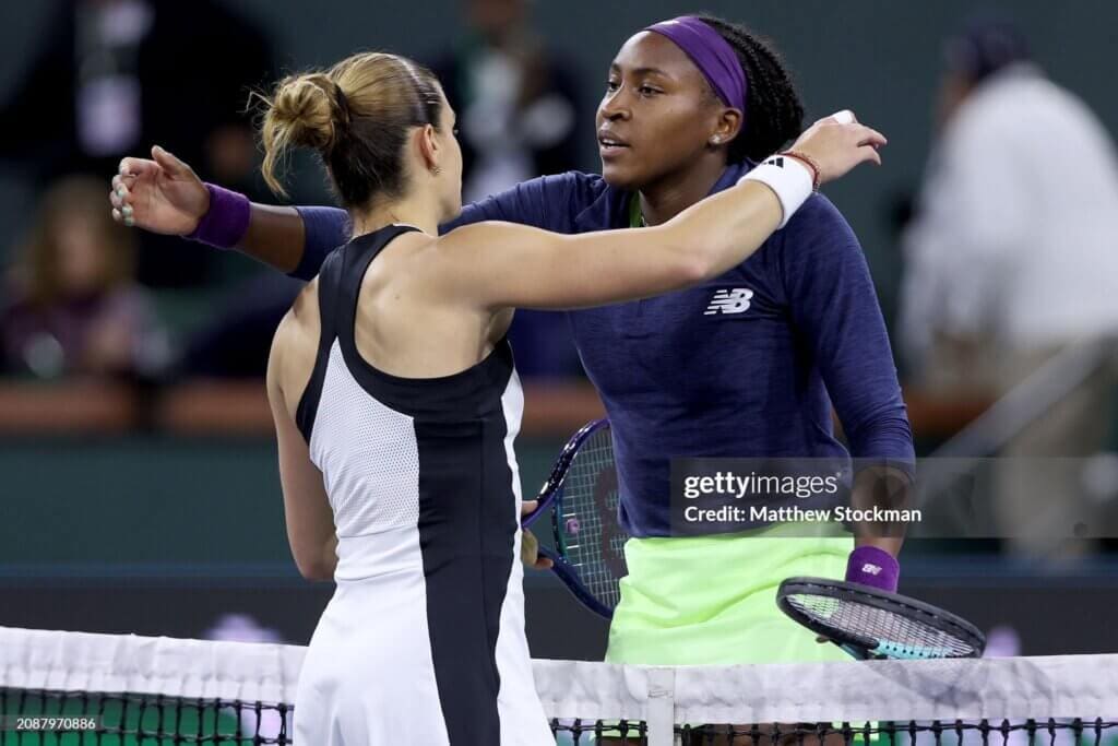 BNP Paribas Open 2024 - Day 13 INDIAN WELLS, CALIFORNIA - MARCH 15: Maria Sakkari of Greece is congratulated by Coco Gauff of the United States after their matchduring the Women's Semifinals of the BNP Paribas Open at Indian Wells Tennis Garden on March 15, 2024 in Indian Wells, California. (Photo by Matthew Stockman/Getty Images)