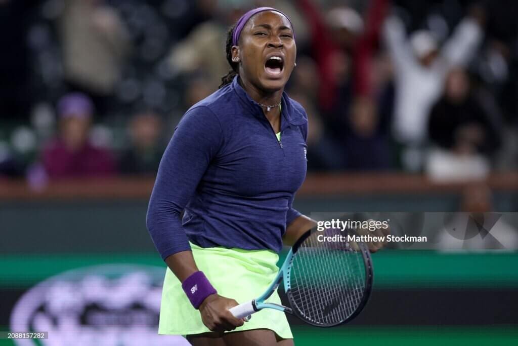 BNP Paribas Open 2024 - Day 13INDIAN WELLS, CALIFORNIA - MARCH 15: Coco Gauff of the United States celebrates winning the second set against Maria Sakkari of Greece during the Women's Semifinals of the BNP Paribas Open at Indian Wells Tennis Garden on March 15, 2024 in Indian Wells, California. (Photo by Matthew Stockman/Getty Images)