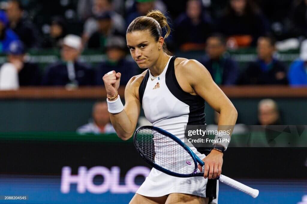 BNP Paribas Open 2024 - Day 13INDIAN WELLS, CALIFORNIA - MARCH 15: Maria Sakkari of Greece celebrates against Coco Gauff of the United States in the semi-finals of the BNP Paribas Open at Indian Wells Tennis Garden on March 15, 2024 in Indian Wells, California. (Photo by Frey/TPN/Getty Images)