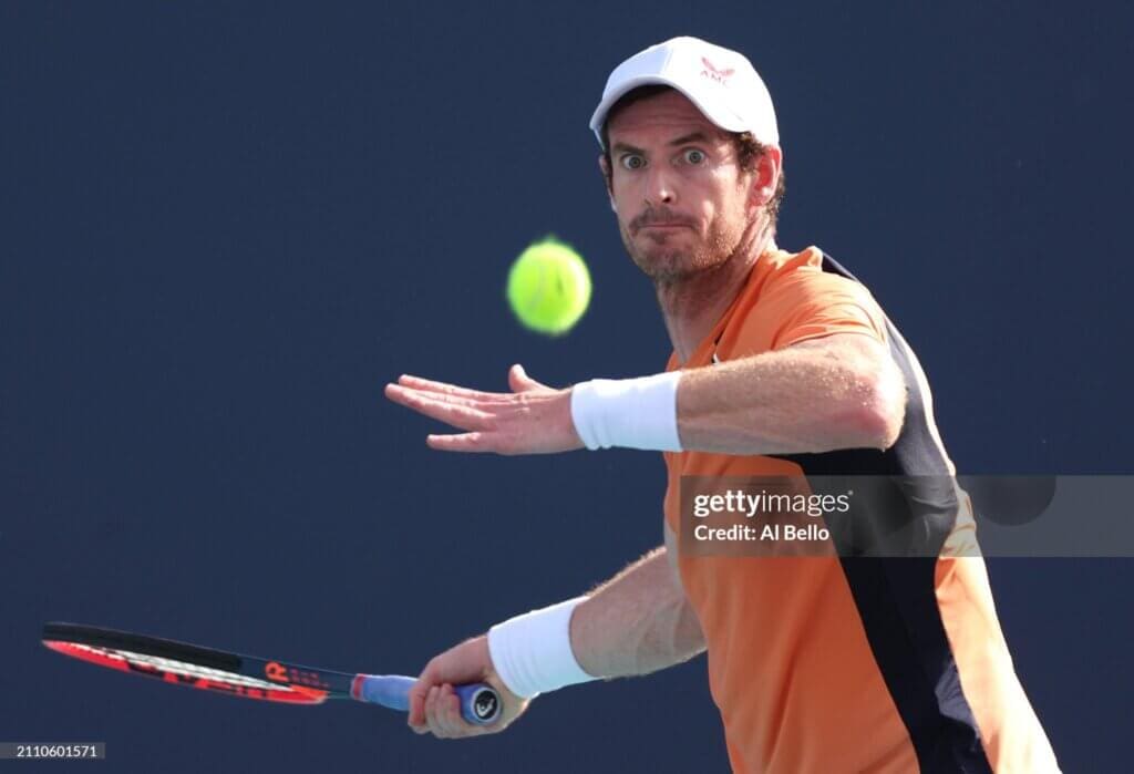 Miami Open Presented by Itau 2024 - Day 9MIAMI GARDENS, FLORIDA - MARCH 24: Andy Murray of Great Britain returns a shot against Tomas Machac of the Czech Republic on Day 9 of the Miami Open at Hard Rock Stadium on March 24, 2024 in Miami Gardens, Florida. (Photo by Al Bello/Getty Images)
