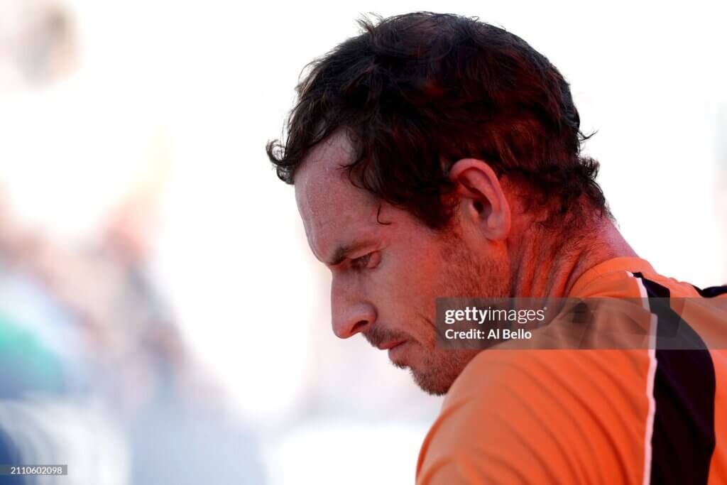 Miami Open Presented by Itau 2024 - Day 9 MIAMI GARDENS, FLORIDA - MARCH 24: Andy Murray of Great Britain looks on between points during his match against Tomas Machac of the Czech Republic on Day 9 of the Miami Open at Hard Rock Stadium on March 24, 2024 in Miami Gardens, Florida. (Photo by Al Bello/Getty Images)