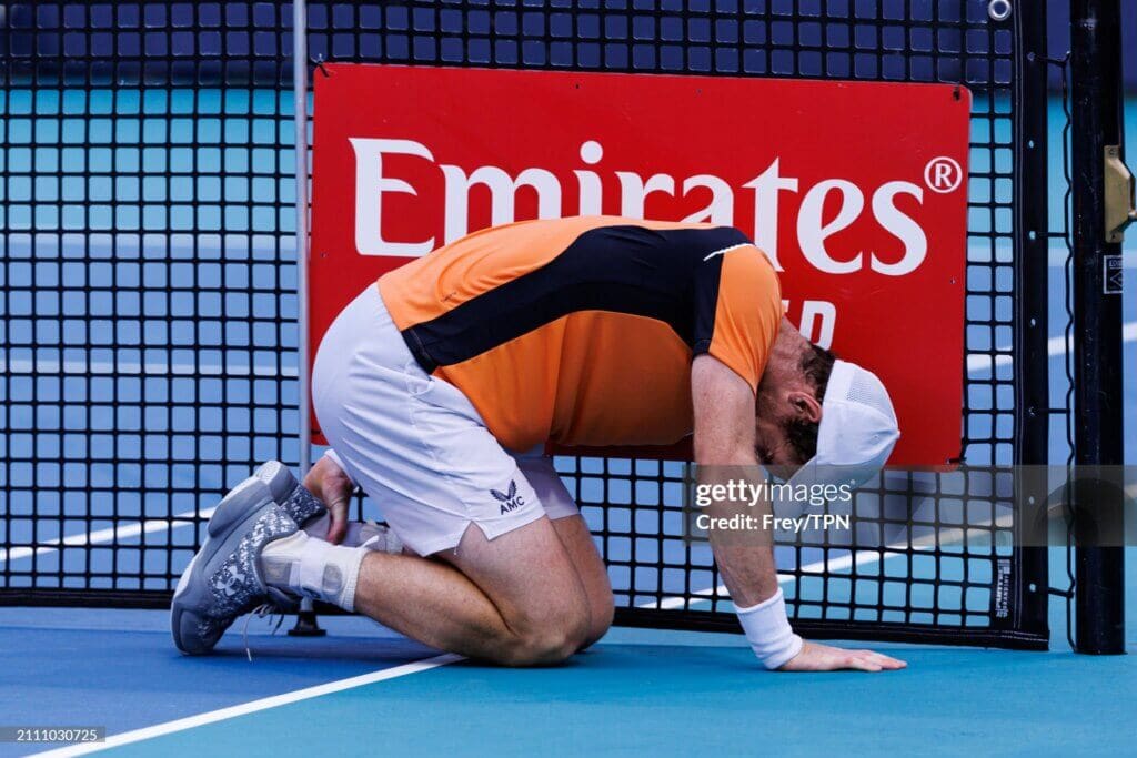 Andy Murray his left leg during a rally against Tomas Machac in the third round of the Miami Open