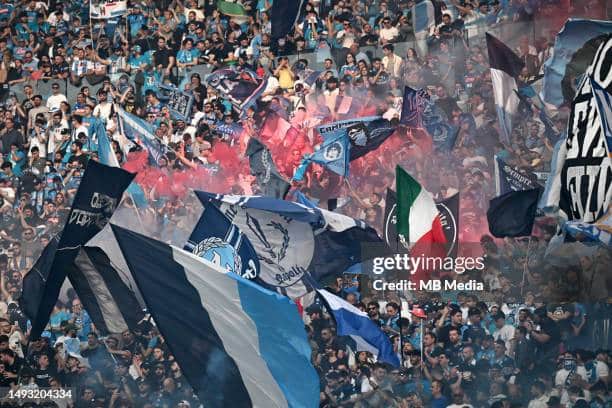 Fans of SSC Napoli celebrates victory of Scudetto 2022-2023. Antonio Conte could be next season, Napoli's manager.