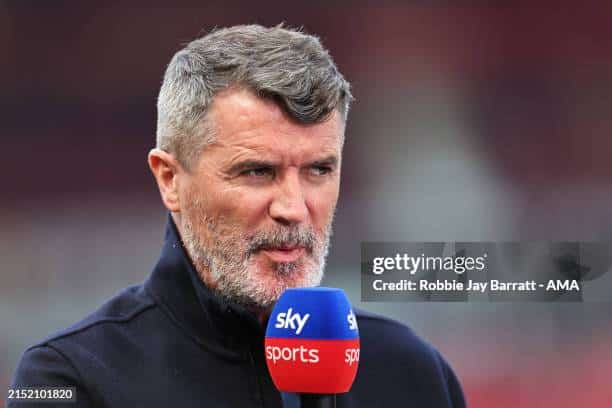 MANCHESTER, ENGLAND - MAY 12: Roy Keane working as a pundit for Sky Sports ahead of the Premier League match between Manchester United and Arsenal FC at Old Trafford on May 12, 2024 in Manchester, England.(Photo by Robbie Jay Barratt - AMA/Getty Images) Arsenal Fan