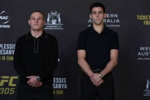 PERTH, AUSTRALIA - JULY 03: Kai Kara-France - No. 4 UFC flyweight and Steve Erceg - No.9 UFC flyweight pose during the UFC 305 On Sale Press Conference on July 03, 2024 in Perth, Australia. (Photo by Will Russell/Zuffa LLC)