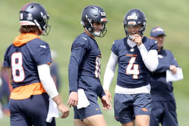 Quarterbacks, Jarret Stidham, Bo Nix and Zac Wilson at Denver Broncos Training Camp.