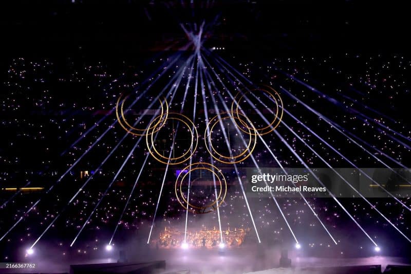 The five Olympic rings on display at the Paris 2024 closing ceremony.