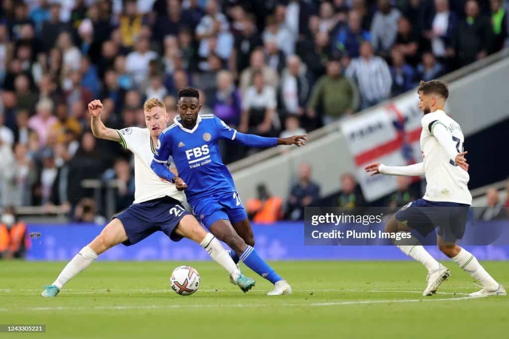 Tottenham Hotspur's Kulusevski in action with Ndidi of Leicester