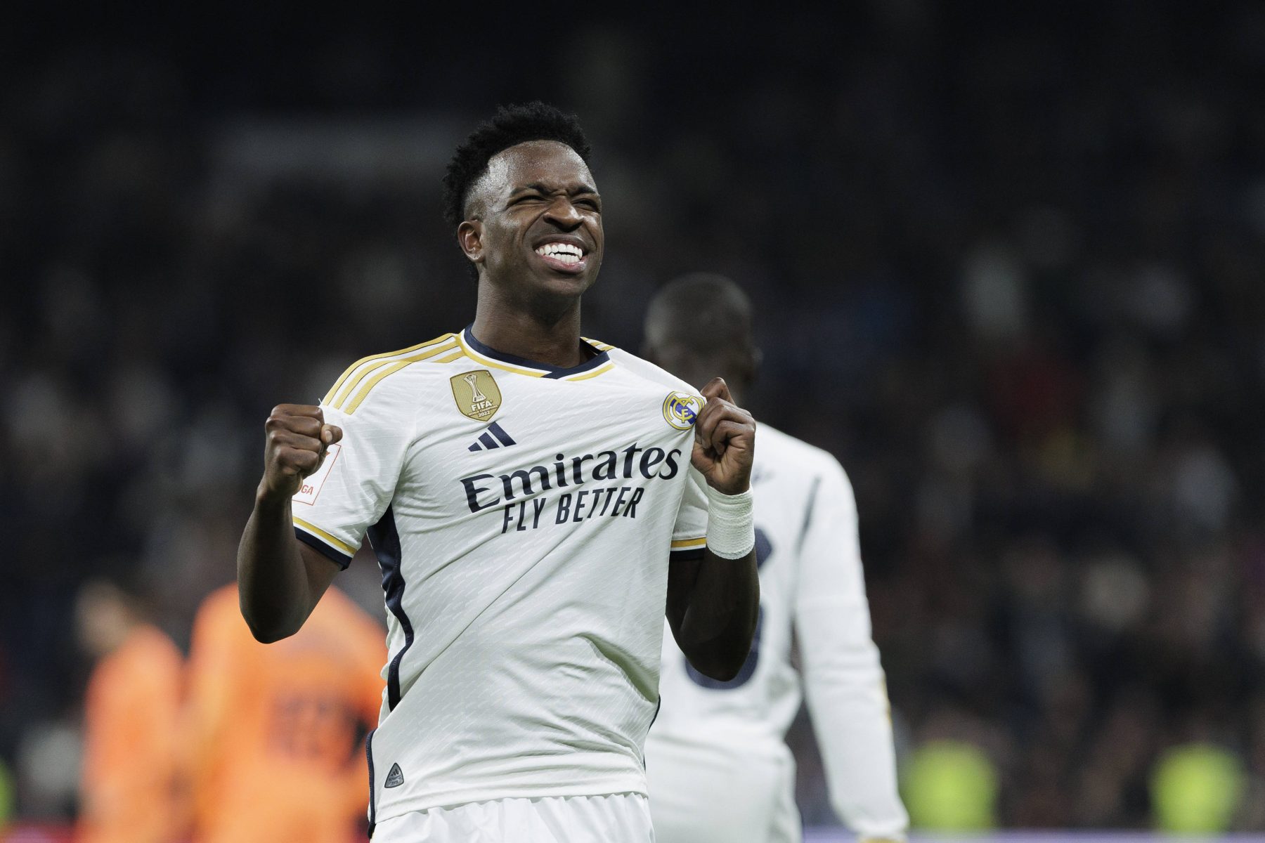 Vinícius Jr celebrating n a Real Madrid Jersey