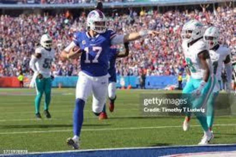 Buffalo Bills quarterback Josh Allen drops back to pass in the Miami Dolphins' 31-34 loss to the Bills, Sunday Jan. 15, 2023, at Highmark Stadium in Orchard Park, New York. (Joe Cavaretta/South Florida Sun Sentinel/Tribune News Service via Getty Images)