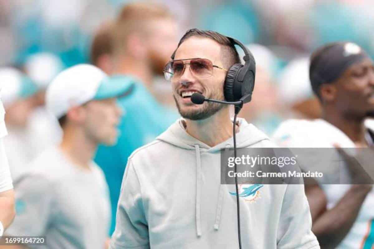 MIAMI GARDENS, FLORIDA - SEPTEMBER 24: Head coach Mike McDaniel of the Miami Dolphins looks on during the fourth quarter against the Denver Broncos at Hard Rock Stadium on September 24, 2023 in Miami Gardens, Florida. (Photo by Carmen Mandato/Getty Images)