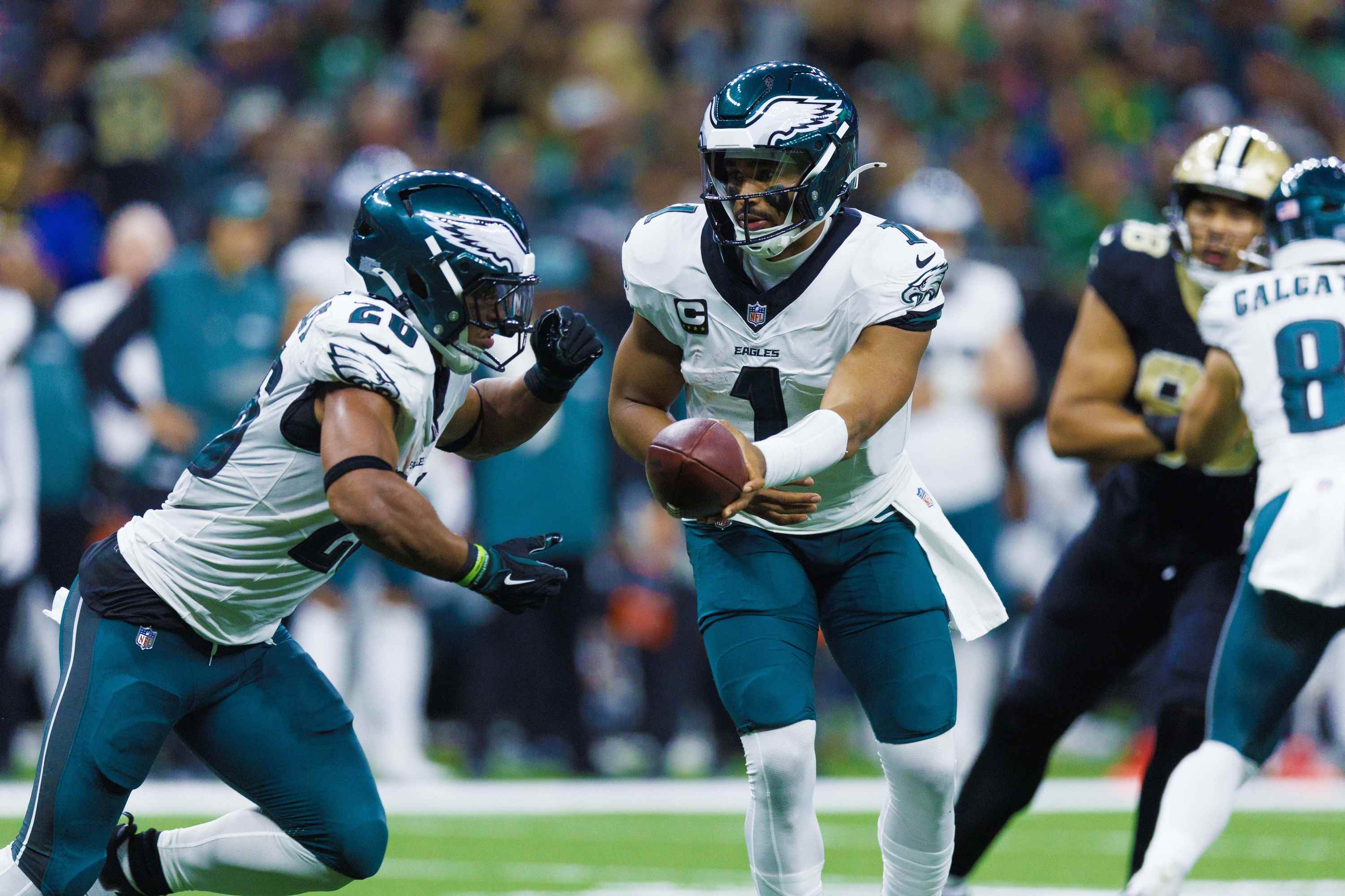 Saquon Barkley and Jalen Hurts of the Philadelphia Eagles