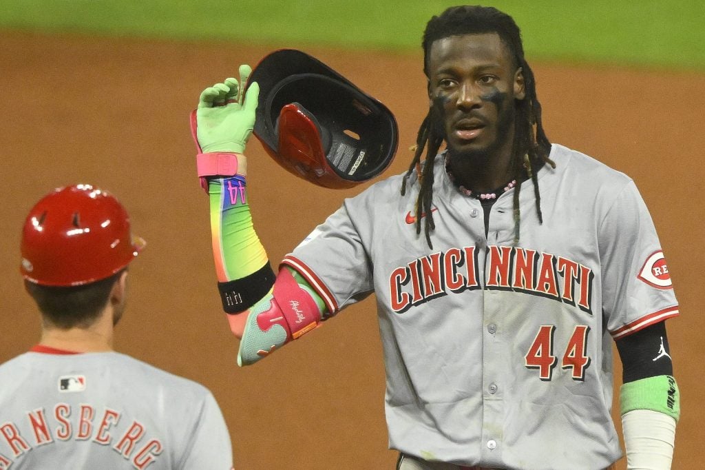 Sep 24, 2024; Cleveland, Ohio, USA; Cincinnati Reds shortstop Elly De La Cruz (44) reacts after flying out in the eighth