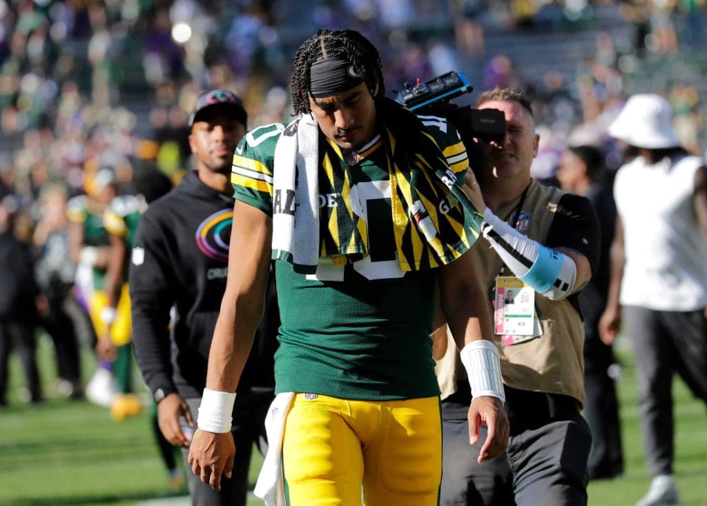 Green Bay Packers quarterback Jordan Love (10) leaves the field after a 31-29 loss to the Minnesota Vikings Sunday,