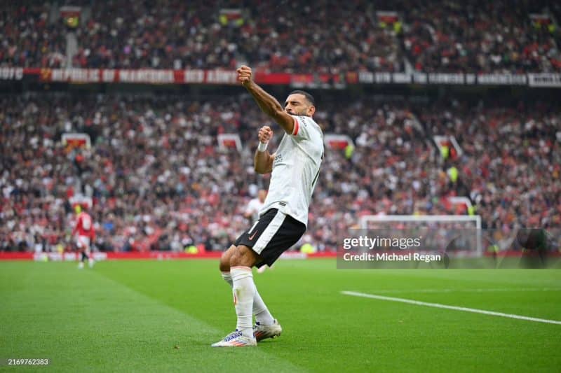 Liverpool Mohammed Salah celebrating win against Manchester United