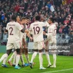 bayern players celebrating with olise who scores after harry kane