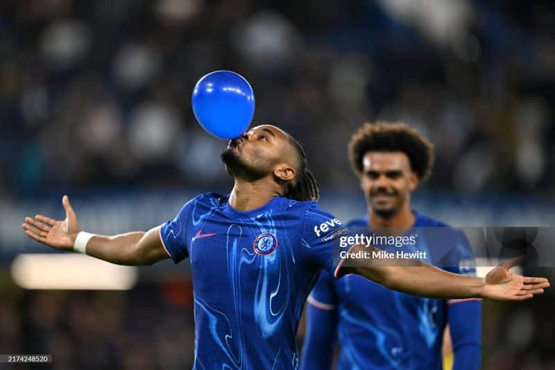 Christopher Nkunku celebrates goal for Chelsea against Barrow AFC.