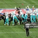 LONDON, ENGLAND - OCTOBER 17: Matthew Wright #15 of Jacksonville Jaguars kicks the winning field goal to win the NFL London 2021 match between Miami Dolphins and Jacksonville Jaguars at Tottenham Hotspur Stadium on October 17, 2021 in London, England. (Photo by Justin Setterfield/Getty Images)