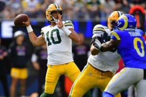 Green Bay Packers quarterback Jordan Love throws pass at SoFi Stadium