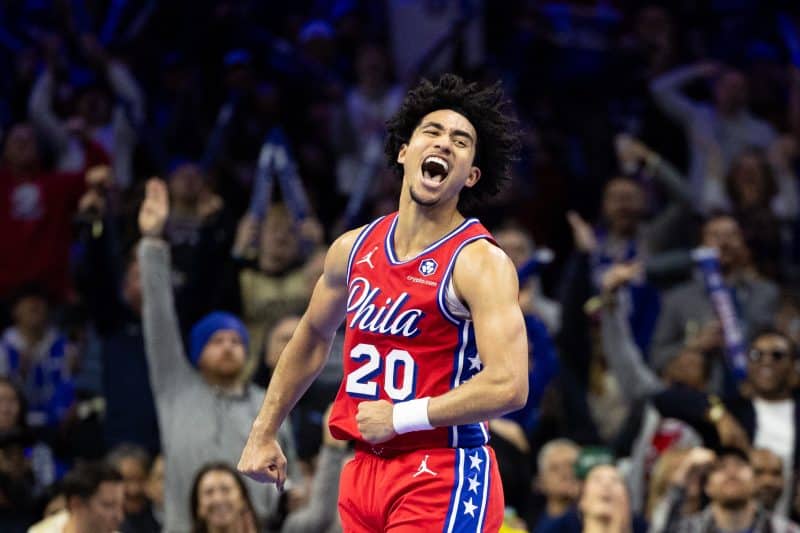 Philadelphia 76ers Jared McCain celebrates against the Brooklyn Nets