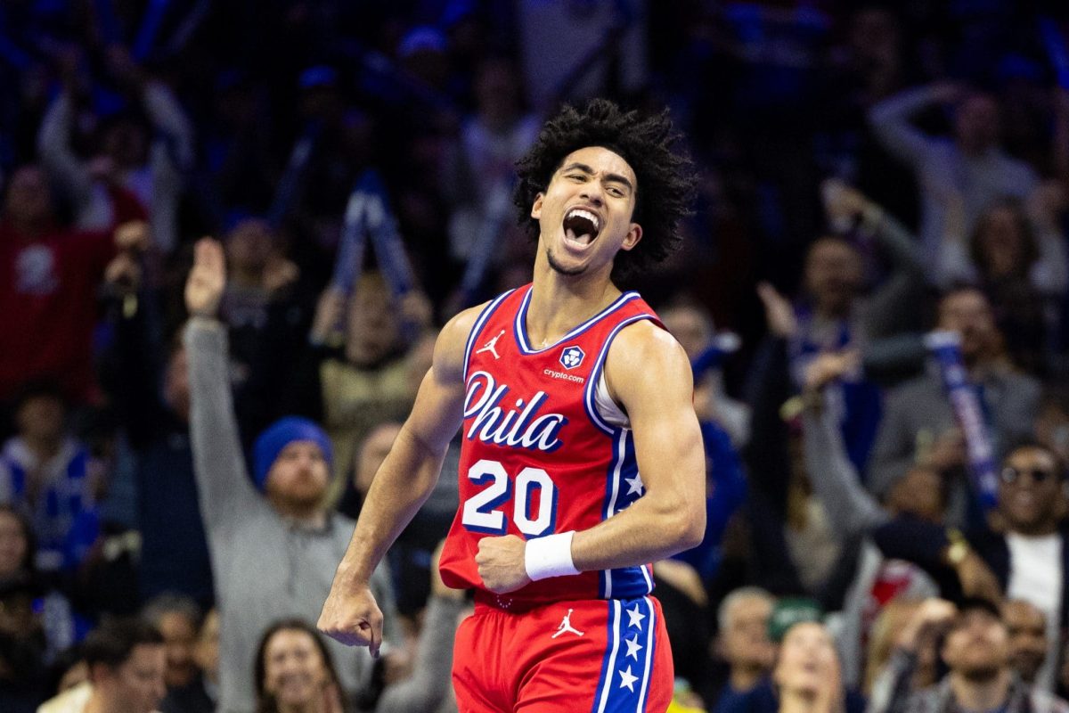 Philadelphia 76ers Jared McCain celebrates against the Brooklyn Nets