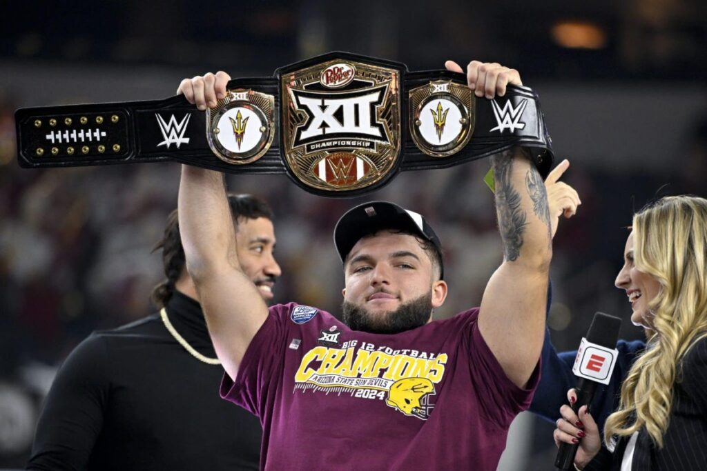 Arizona State RB Cam Skattebo celebrates winning the Big 12 Championship