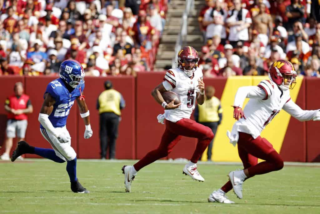 Colts vs. Commanders: Washington quarterback Jayden Daniels runs the ball against the New York Giants in September 2025