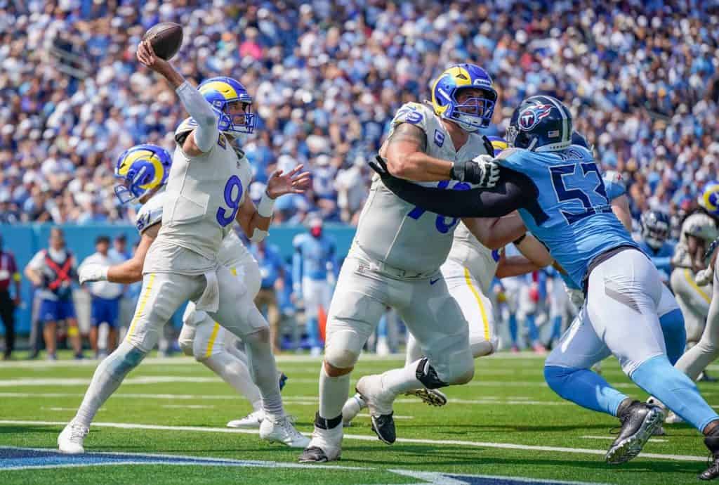 Los Angeles Rams quarterback Matthew Stafford (9) passes against the Tennessee Titans during the second quarter at Nissan