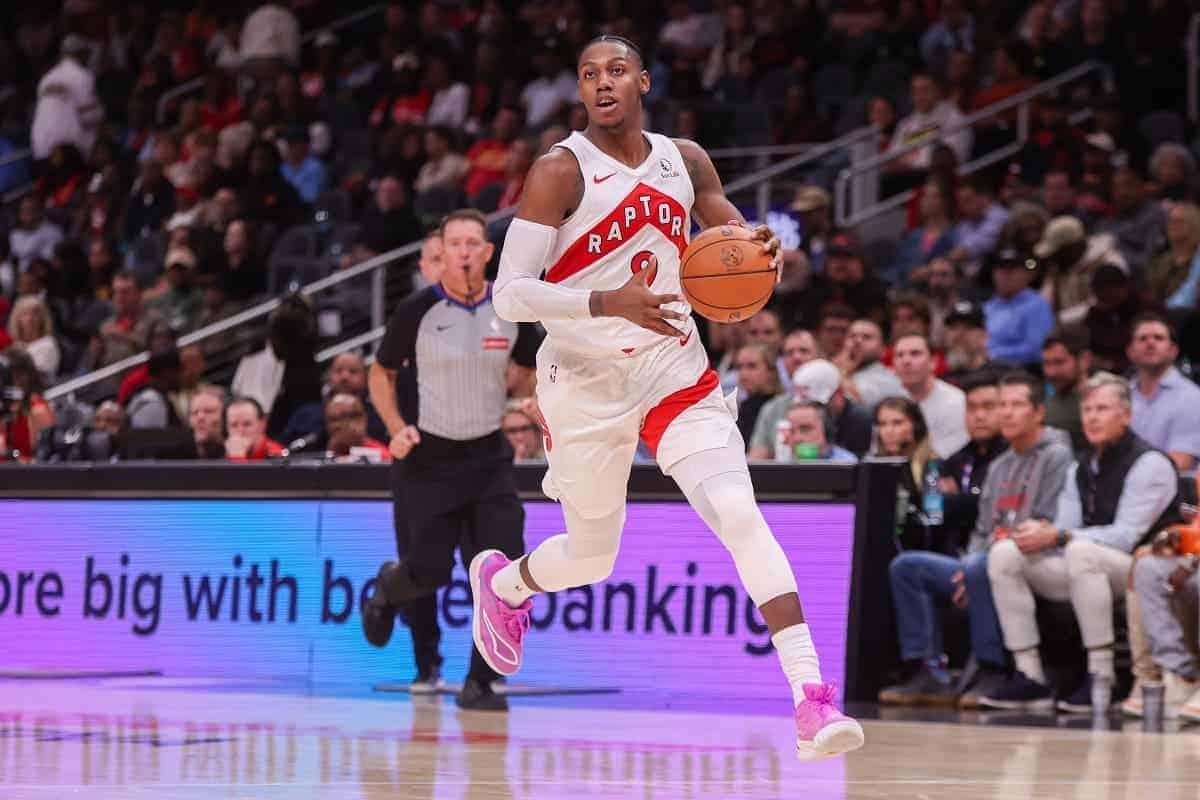 Toronto Raptors forward RJ Barrett (9) dribbles against the Atlanta Hawks in the fourth quarter at State Farm Arena.