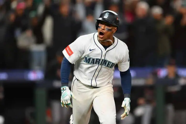Jorge Polanco reacts to his game-winning single in the 15th inning for the Seattle Mariners, Detroit Tigers