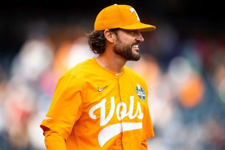 Tennessee head coach Tony Vitello smiles after a NCAA College World Series game between Tennessee and Florida Statue at Charles Schwab Field in Omaha, Neb., on Wednesday, June 19, 2024. Image by: Brianna Paciorka/News Sentinel / USA TODAY NETWORK
