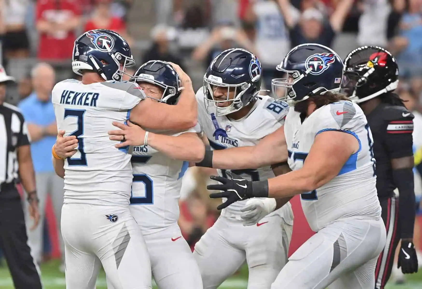 Tennessee Titans kicker Joey Slye celebrates making a 29-yard field goal with teammates as time expires during the fourth quarter against the Arizona Cardinals. Image by: Matt Kartozian-Imagn Images