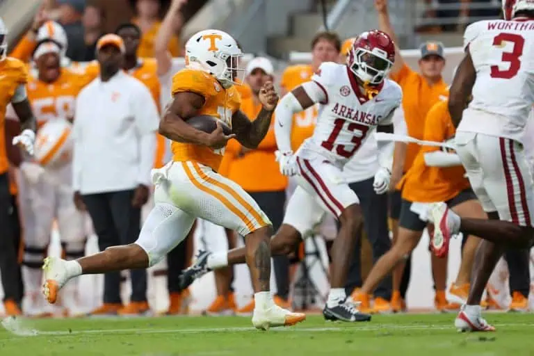Tennessee Volunteers running back Desean Bishop (18) runs the ball against the Arkansas Razorbacks during the second half at Neyland Stadium. Image by: Randy Sartin-Imagn Images
