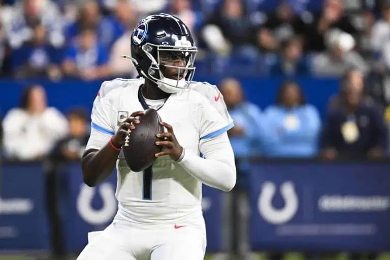 Tennessee Titans quarterback Cam Ward (1) warms up before the game against the Indianapolis Colts at Lucas Oil Stadium. Image by: Robert Goddin-Imagn Images
