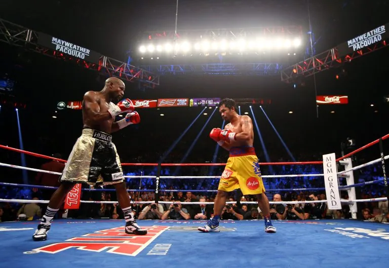 Talks are underway for a Floyd Mayweather vs Manny Pacquiao rematch in 2026 on Netflix. Image by: Mark J. Rebilas-USA TODAY Sports