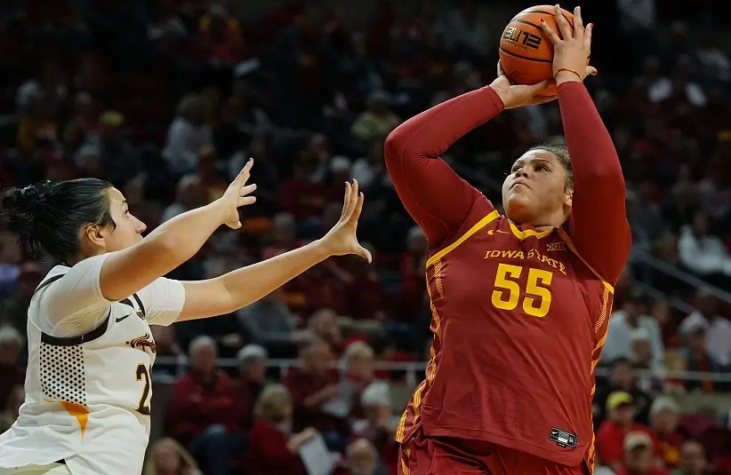 Iowa State Cyclones' center Audi Crooks (55) shoots the ball over over Valparaiso Beacons forward Milana Nenadic (21) during the first quarter on Nov. 12, 2025, at Hilton Coliseum in Ames, Iowa.