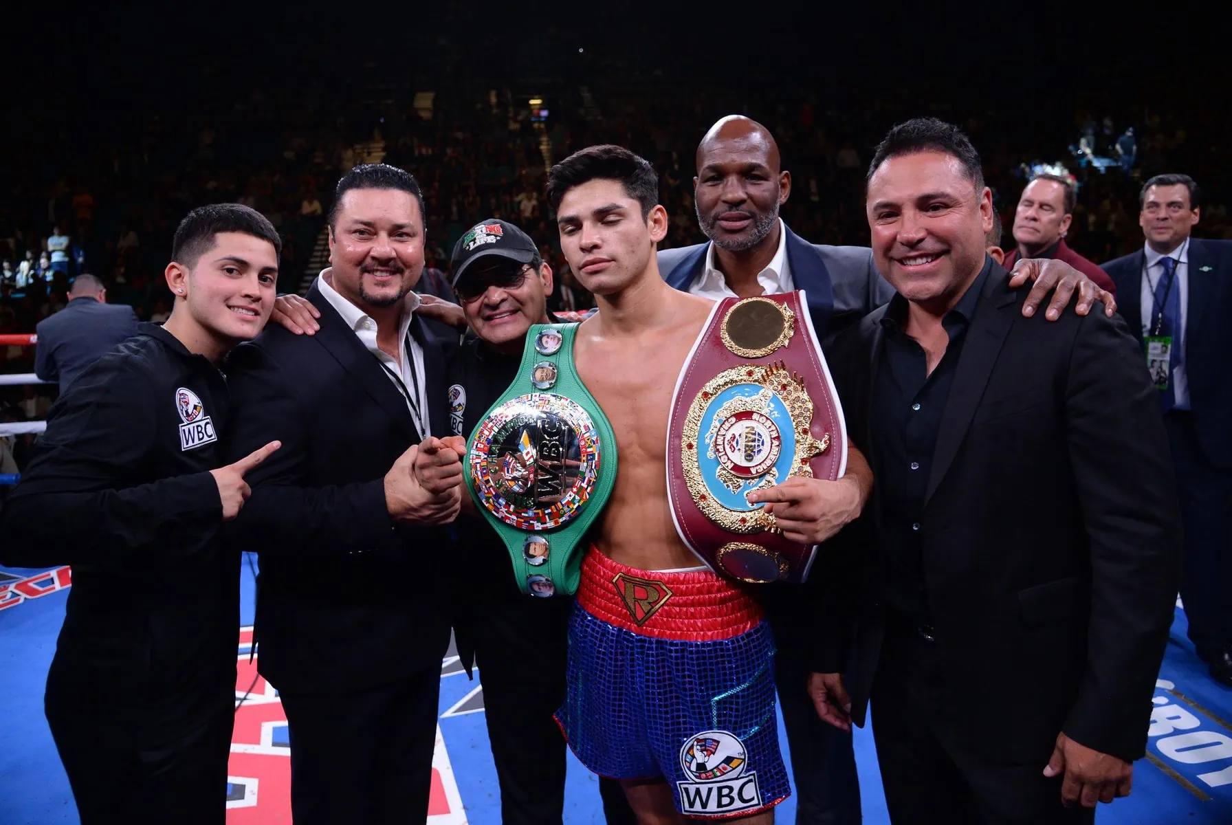 Ryan Garcia celebrates after knocking out Romero Duno in WBC silver and NABO lightweight title bout at MGM Grand Garden Arena. Image by: Joe Camporeale-USA TODAY Sports