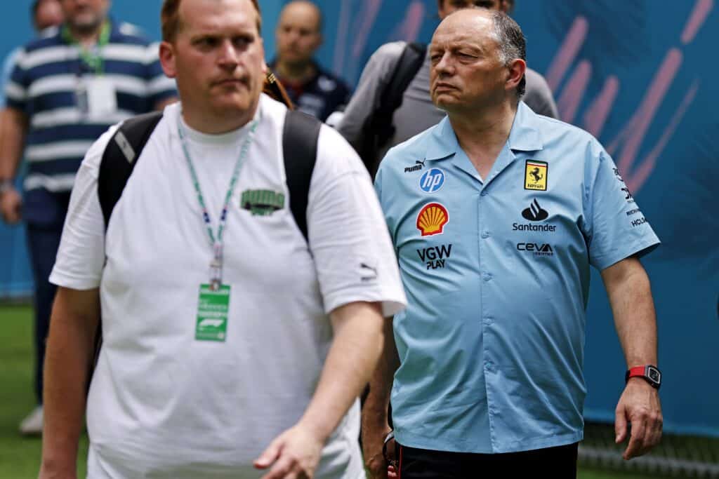 Ferrari team principal Fred Vasseur walks into the F1 Village before the 2024 Miami Grand Prix