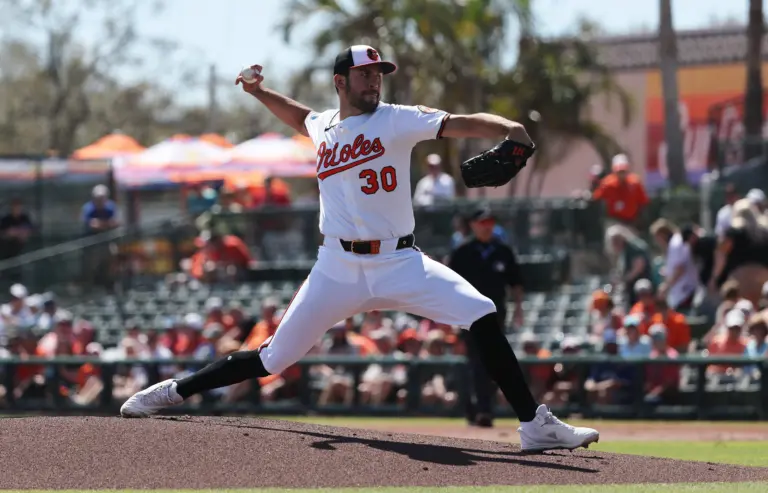 Grayson Rodriguez of the Baltimore Orioles pitching in Spring Training