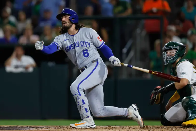 Kansas City Royals second baseman Jonathan India swinging the bat