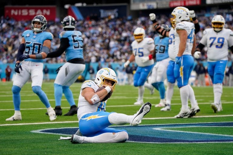 Los Angeles Chargers quarterback Justin Herbert scores a touchdown against the Tennessee Titans at Nissan Stadium in Nashville, Tenn. Image by: Andrew Nelles / The Tennessean / USA TODAY NETWORK via Imagn Images