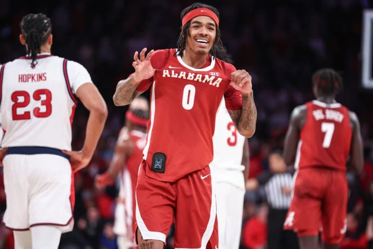 Alabama Crimson Tide guard Labaron Philon (0) celebrates in the second half against the St. John's Red Storm at Madison Square Garden. Image by: Wendell Cruz-Imagn Images
