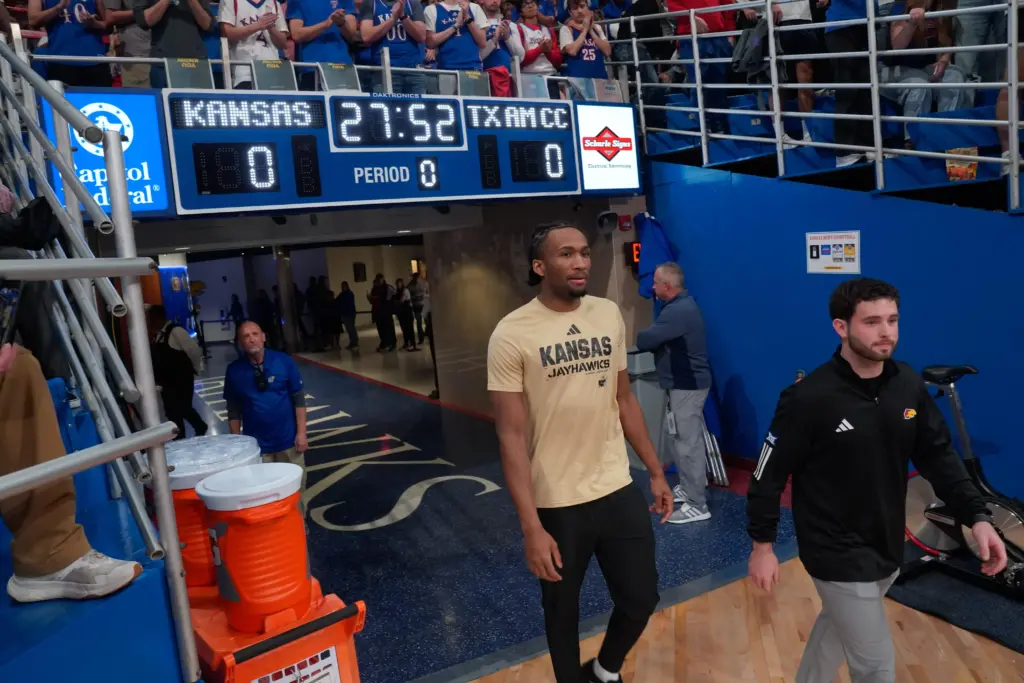 Kansas Jayhawks guard Darryn Peterson walking out of the tunnel.