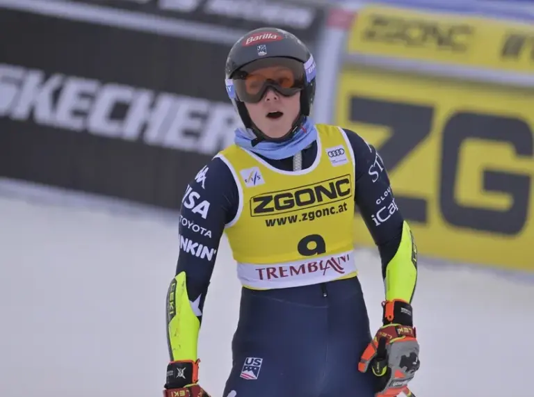 Mikaela Shiffrin of the United States reacts during the second run of the women's giant slalom race
